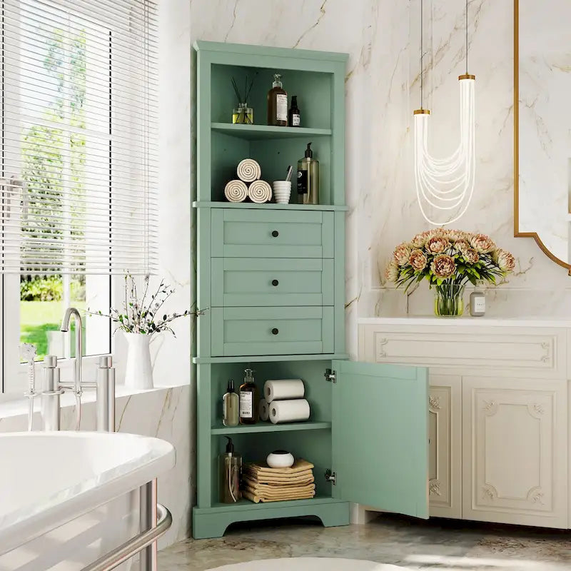 Meuble Colonne Triangle avec 3 Tiroirs et Étagères Réglables pour Salle de Bain, Cuisine ou Salon, Panneau MDF avec Finition Peinte