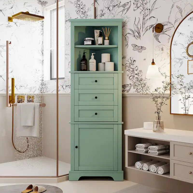 Meuble Colonne Triangle avec 3 Tiroirs et Étagères Réglables pour Salle de Bain, Cuisine ou Salon, Panneau MDF avec Finition Peinte