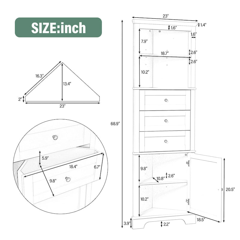 Meuble Colonne Triangle avec 3 Tiroirs et Étagères Réglables pour Salle de Bain, Cuisine ou Salon, Panneau MDF avec Finition Peinte