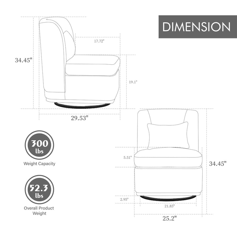 Chaise sans accoudoirs pivotante à 360° avec base en métal, coussin en mousse haute densité et oreiller inclus