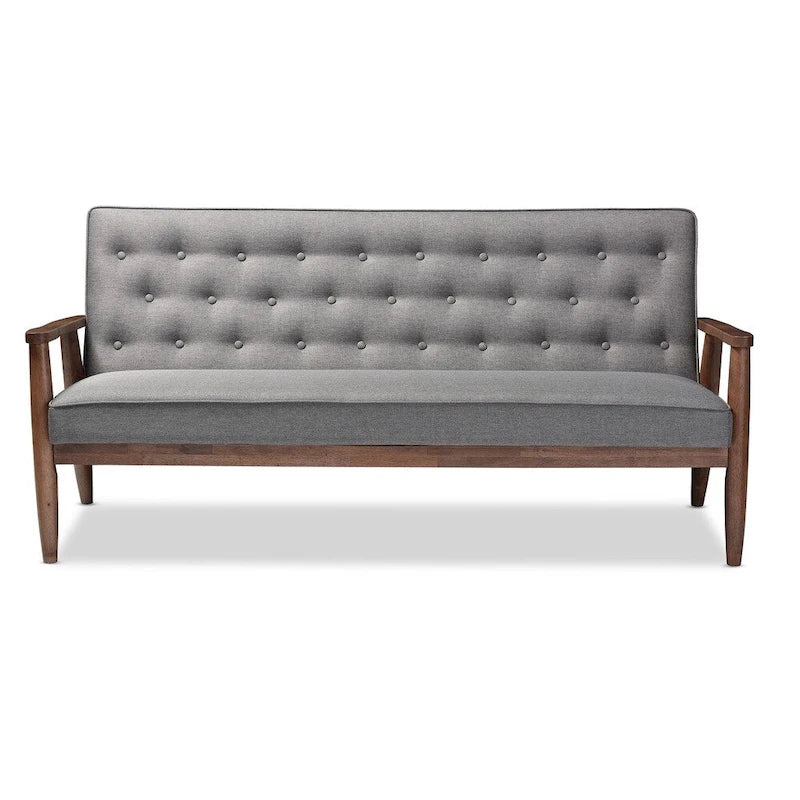 Canapé 3 places en bois et tissu gris, style rétro moderne du milieu du siècle