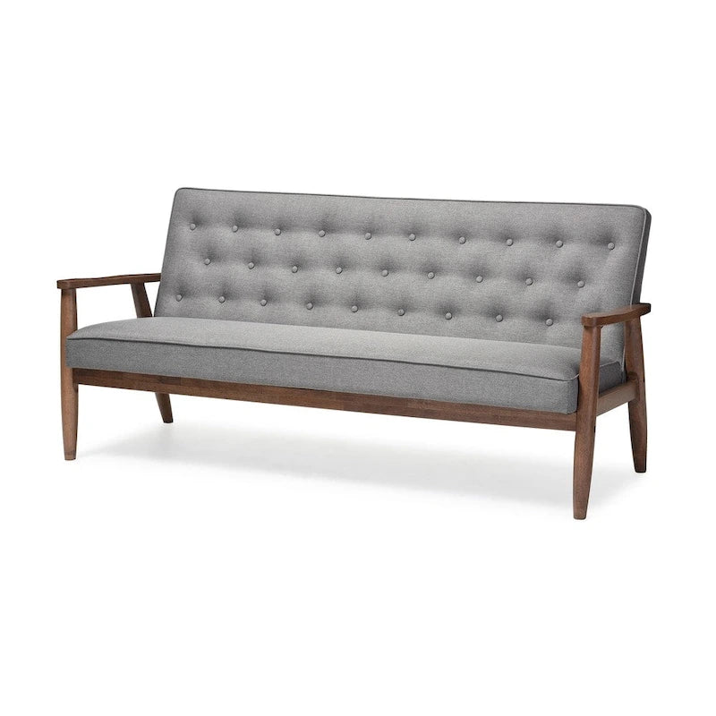 Canapé 3 places en bois et tissu gris, style rétro moderne du milieu du siècle