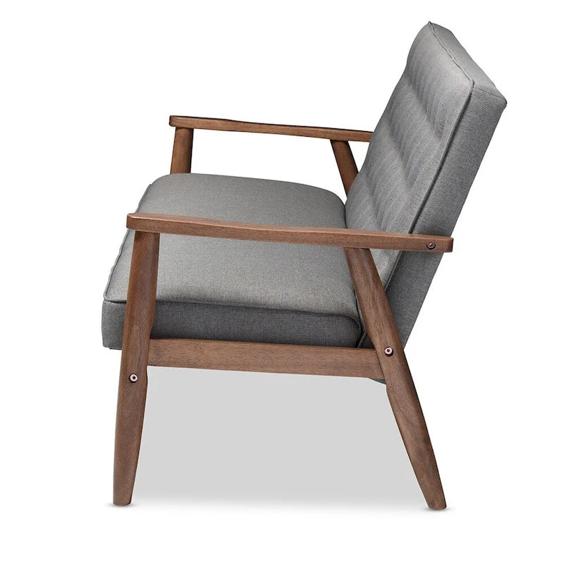 Canapé 3 places en bois et tissu gris, style rétro moderne du milieu du siècle