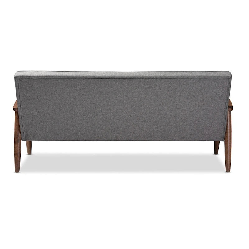 Canapé 3 places en bois et tissu gris, style rétro moderne du milieu du siècle
