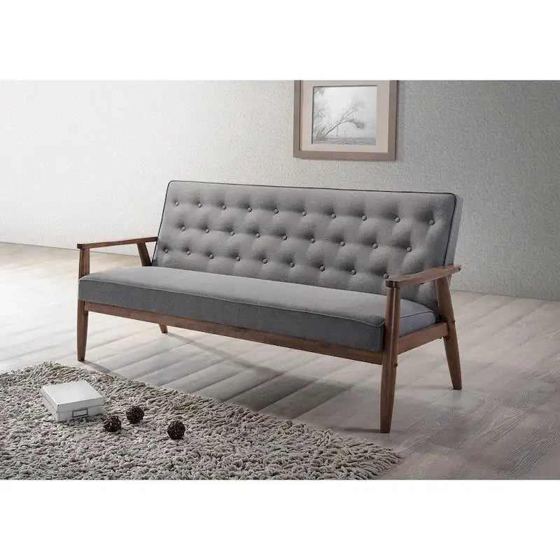 Canapé 3 places en bois et tissu gris, style rétro moderne du milieu du siècle