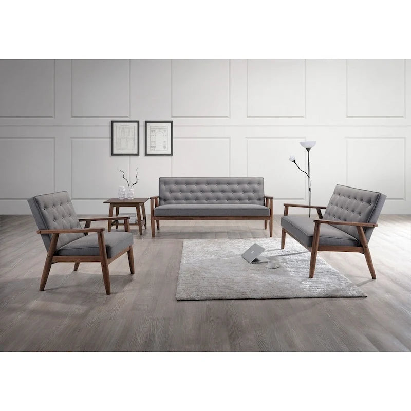 Canapé 3 places en bois et tissu gris, style rétro moderne du milieu du siècle