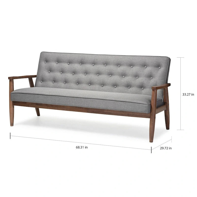 Canapé 3 places en bois et tissu gris, style rétro moderne du milieu du siècle