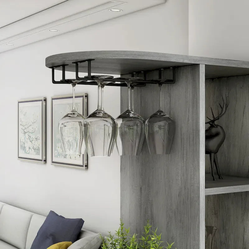 Table de bar en chêne gris vintage de transition avec 6 étagères ouvertes et rangement pour le vin