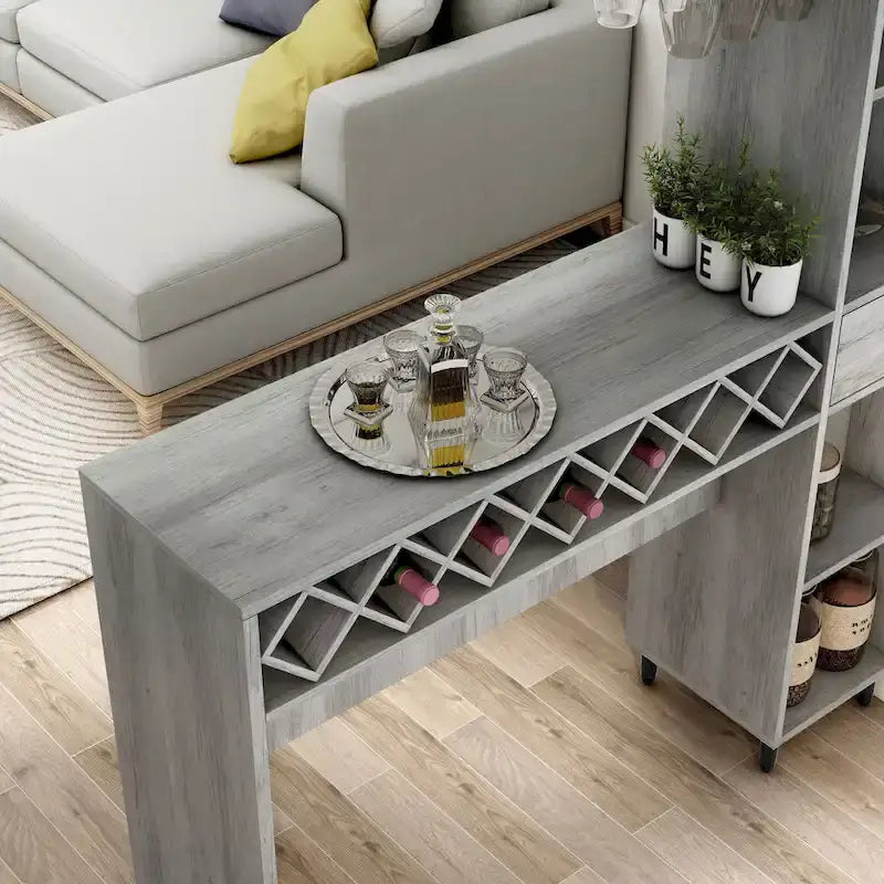 Table de bar en chêne gris vintage de transition avec 6 étagères ouvertes et rangement pour le vin