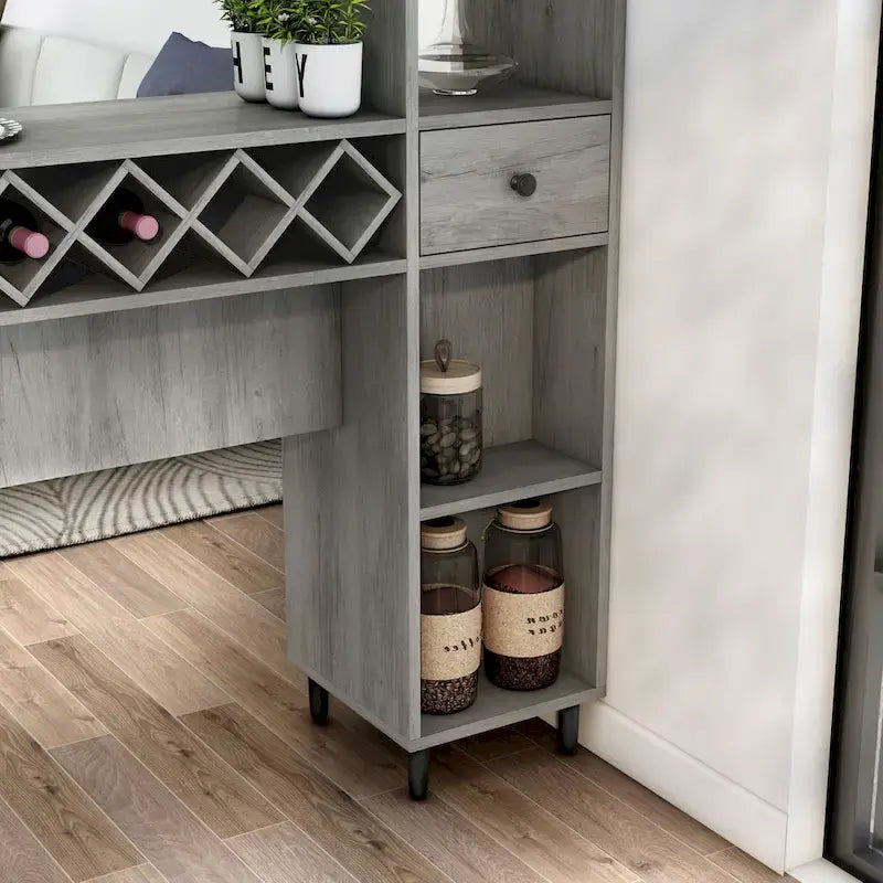Table de bar en chêne gris vintage de transition avec 6 étagères ouvertes et rangement pour le vin