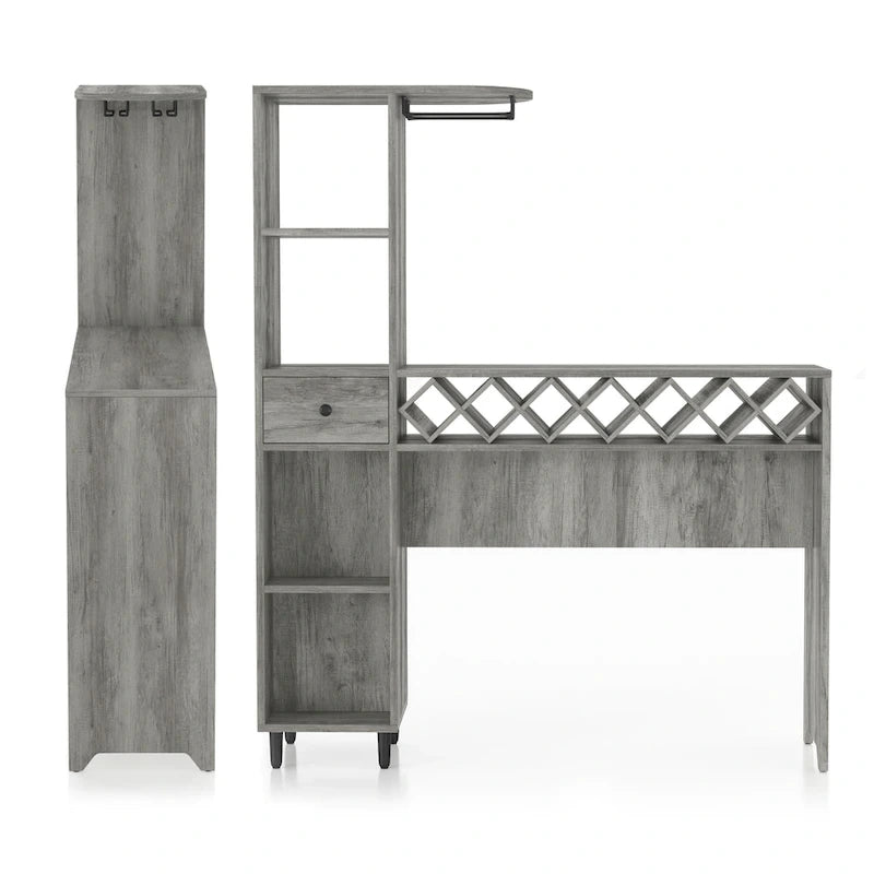Table de bar en chêne gris vintage de transition avec 6 étagères ouvertes et rangement pour le vin