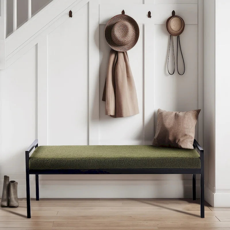 Banc rembourré en tissu avec pieds en acier