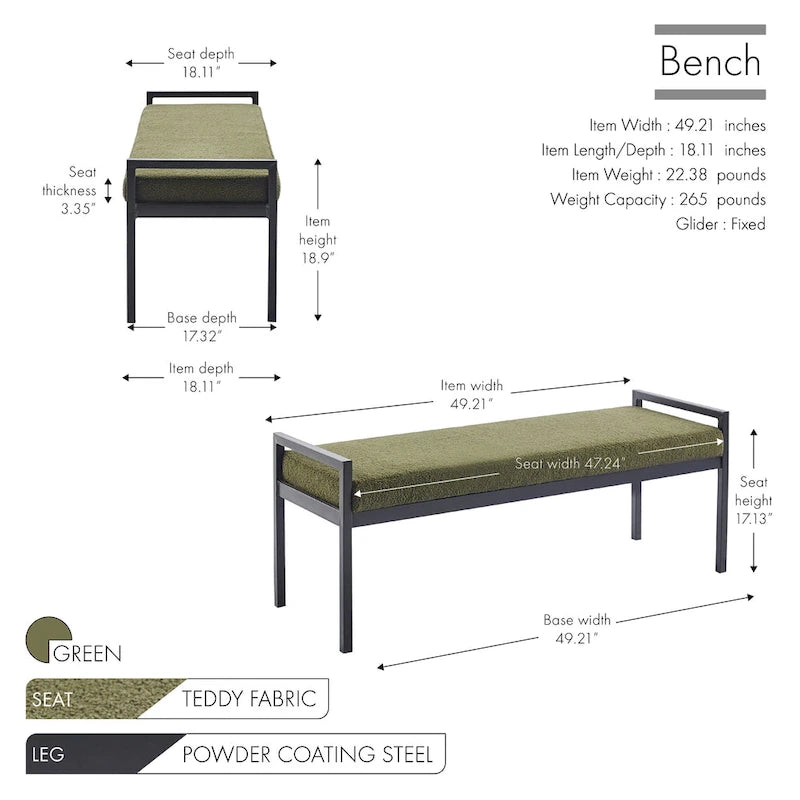 Banc rembourré en tissu avec pieds en acier