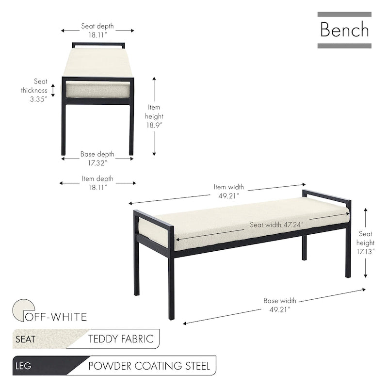 Banc rembourré en tissu avec pieds en acier
