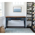 53 inch Writing Desk, No Assembly Required, Blue Denim and Whiskey Finish