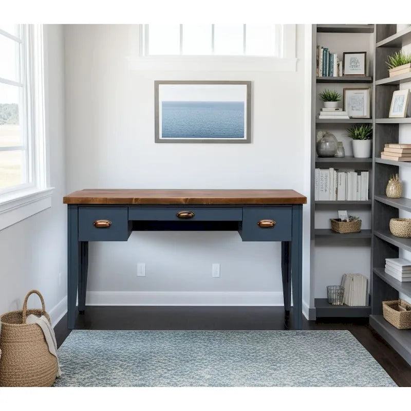 53 inch Writing Desk, No Assembly Required, Blue Denim and Whiskey Finish