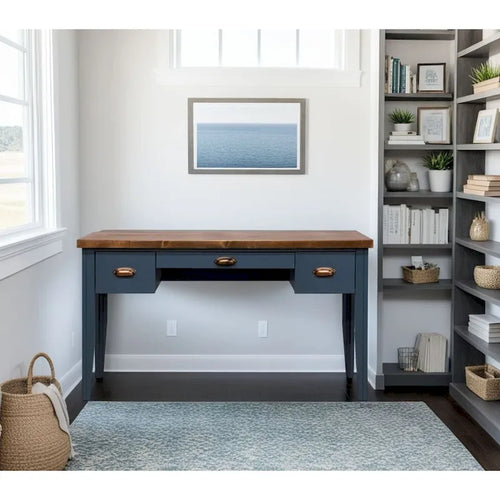 53 inch Writing Desk, No Assembly Required, Blue Denim and Whiskey Finish