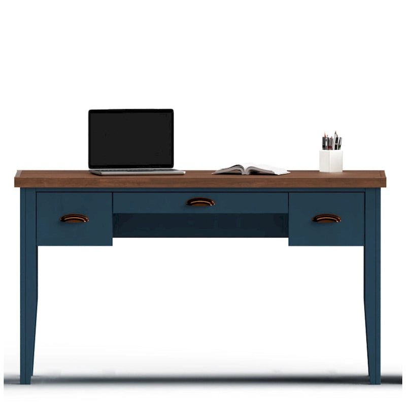 53 inch Writing Desk, No Assembly Required, Blue Denim and Whiskey Finish