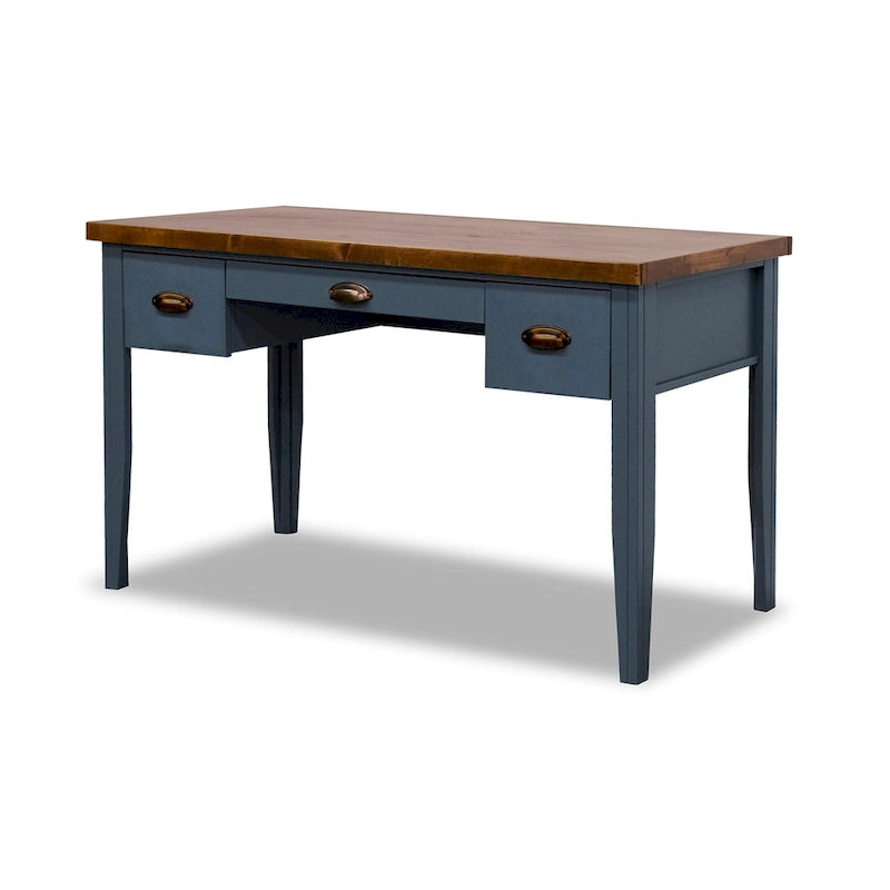 53 inch Writing Desk, No Assembly Required, Blue Denim and Whiskey Finish