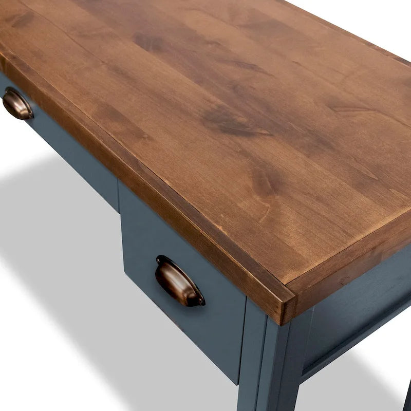 53 inch Writing Desk, No Assembly Required, Blue Denim and Whiskey Finish