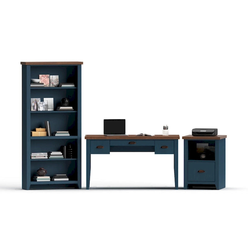 53 inch Writing Desk, No Assembly Required, Blue Denim and Whiskey Finish