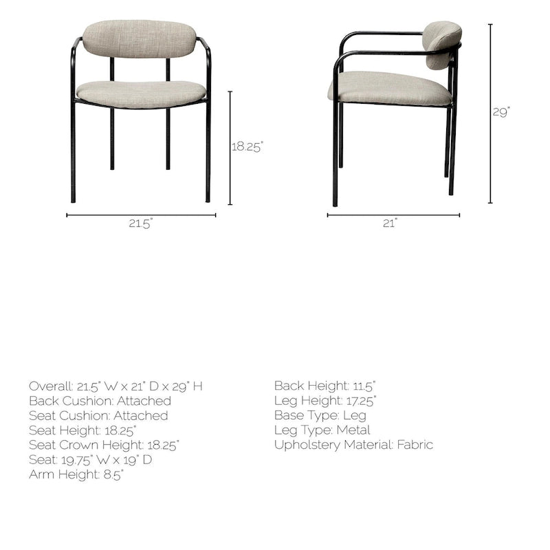 Chaise de salle à manger avec assise en tissu beige et cadre en métal gris acier - 21.5L x 21.1W x 28.7H