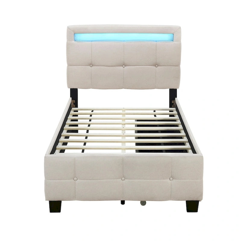 Lit plateforme capitonné double avec cadre LED et 2 tiroirs