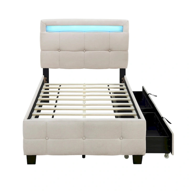 Lit plateforme capitonné double avec cadre LED et 2 tiroirs