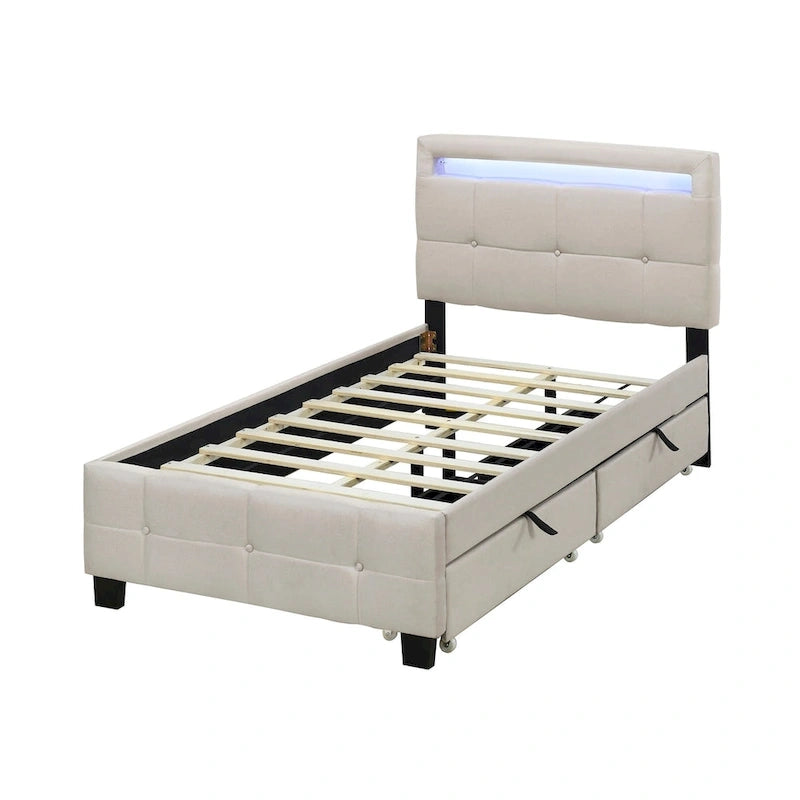 Lit plateforme capitonné double avec cadre LED et 2 tiroirs