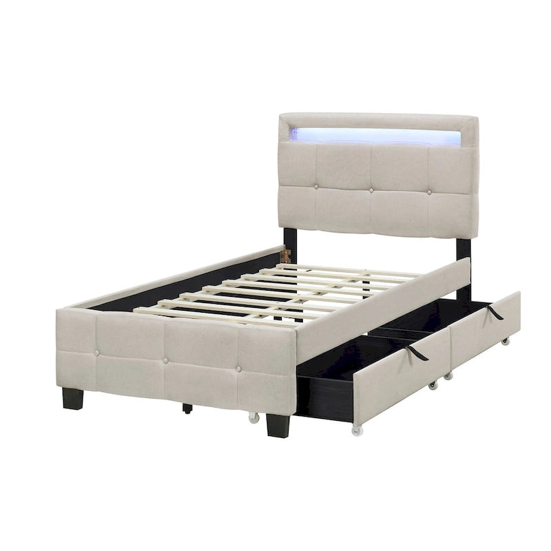 Lit plateforme capitonné double avec cadre LED et 2 tiroirs