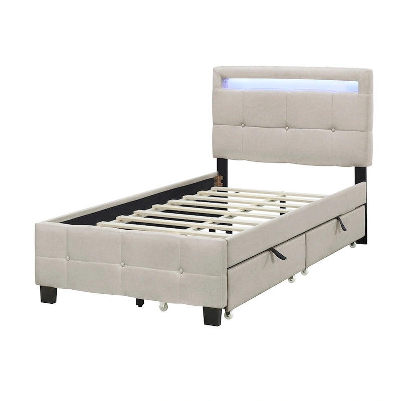 Lit plateforme capitonné double avec cadre LED et 2 tiroirs