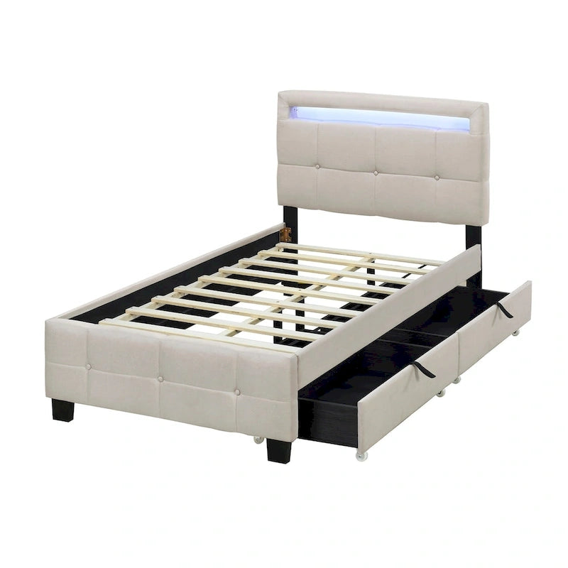 Lit plateforme capitonné double avec cadre LED et 2 tiroirs