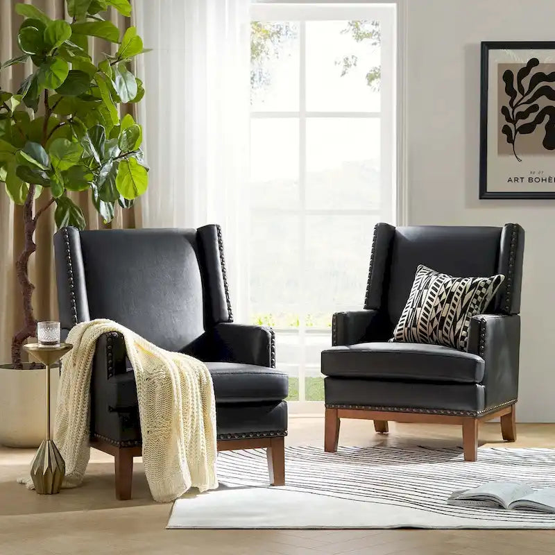 Fauteuil en cuir véritable avec cadre en bois massif et coussin d'assise amovible, lot de 2