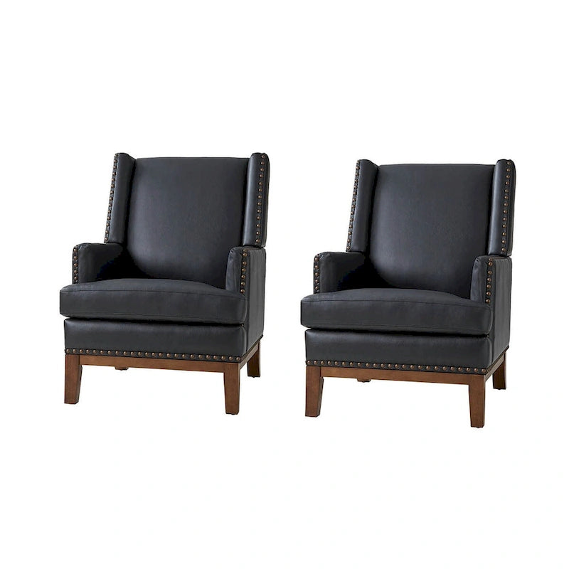 Fauteuil en cuir véritable avec cadre en bois massif et coussin d'assise amovible, lot de 2