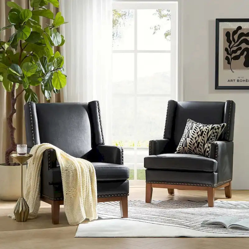 Fauteuil en cuir véritable avec cadre en bois massif et coussin d'assise amovible, lot de 2