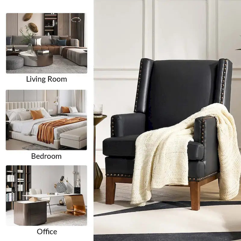 Fauteuil en cuir véritable avec cadre en bois massif et coussin d'assise amovible, lot de 2