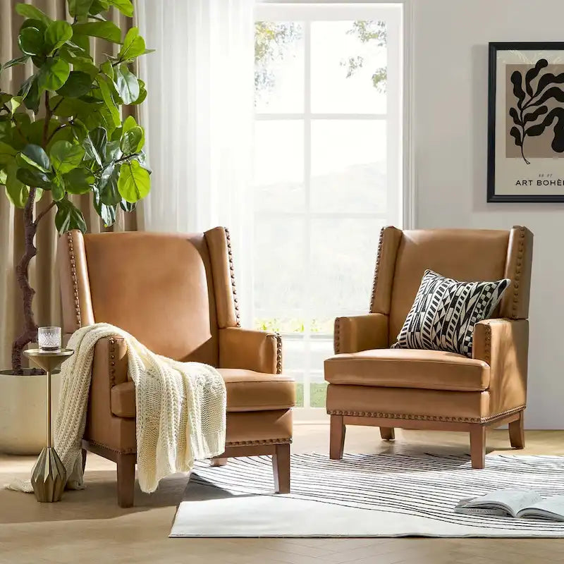 Fauteuil en cuir véritable avec cadre en bois massif et coussin d'assise amovible, lot de 2