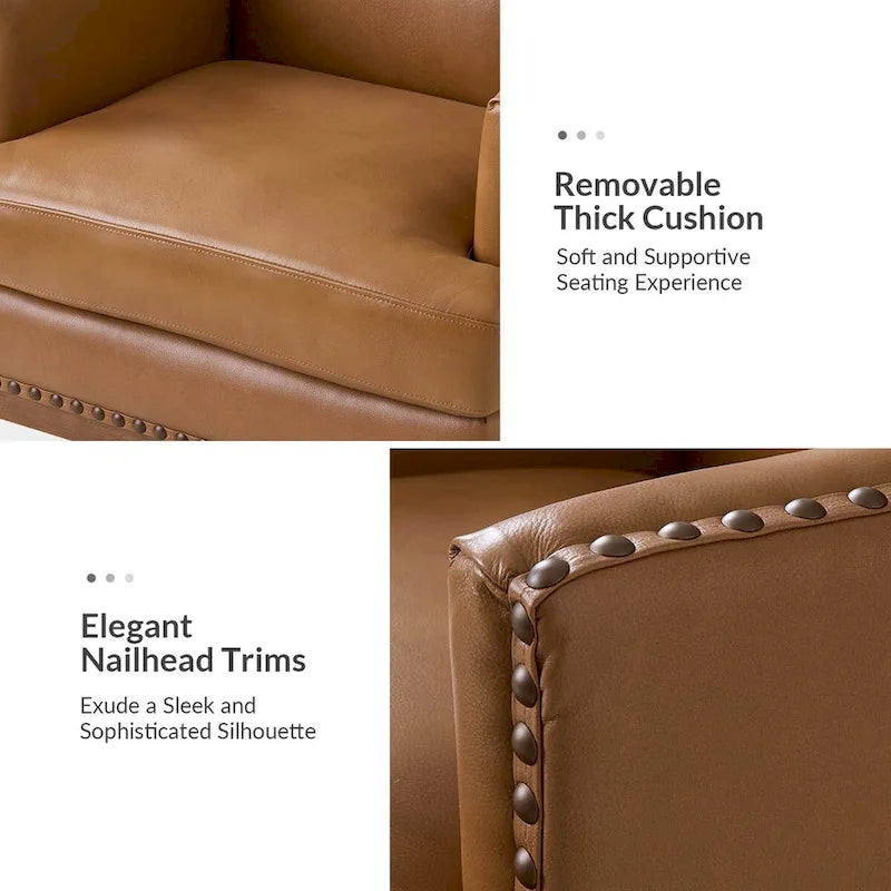 Fauteuil en cuir véritable avec cadre en bois massif et coussin d'assise amovible, lot de 2