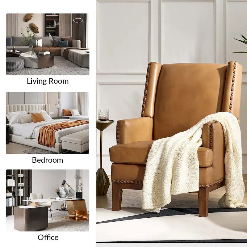 Fauteuil en cuir véritable avec cadre en bois massif et coussin d'assise amovible, lot de 2