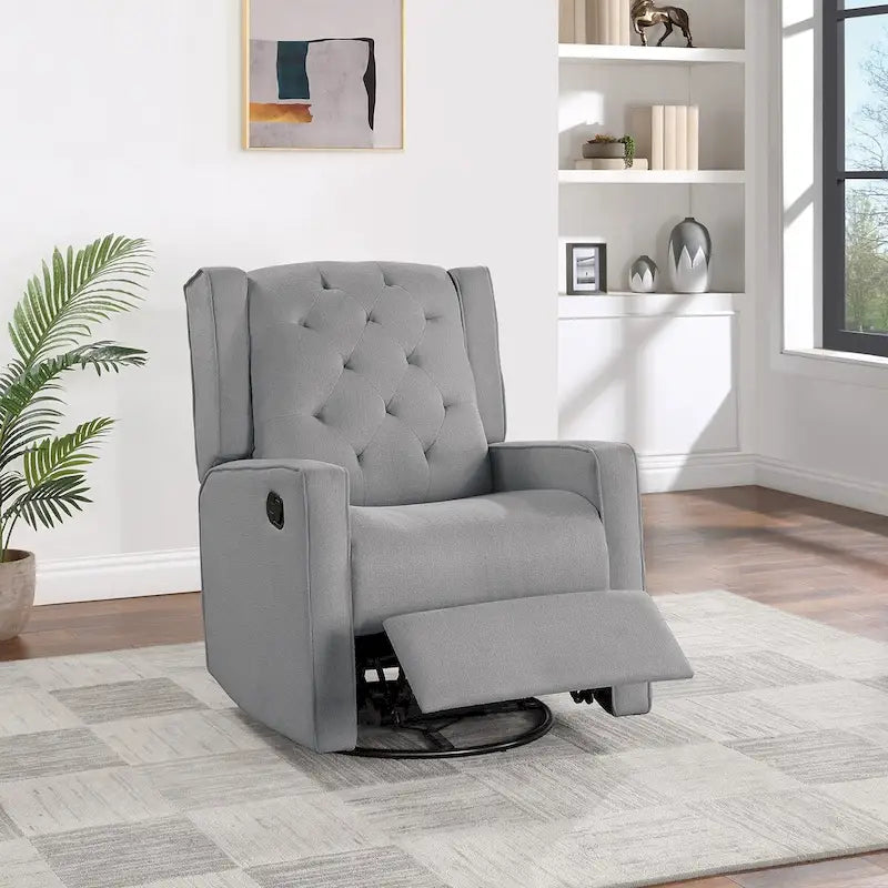 Fauteuil inclinable pivotant contemporain en polyfibre 1 pièce, mouvement manuel, dossier à oreilles, coussin capitonné, mobilier de salon, fauteuil à bascule