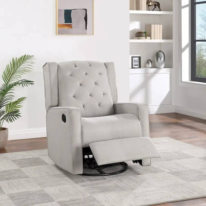 Fauteuil inclinable pivotant contemporain en polyfibre 1 pièce, mouvement manuel, dossier à oreilles, coussin capitonné, mobilier de salon, fauteuil à bascule
