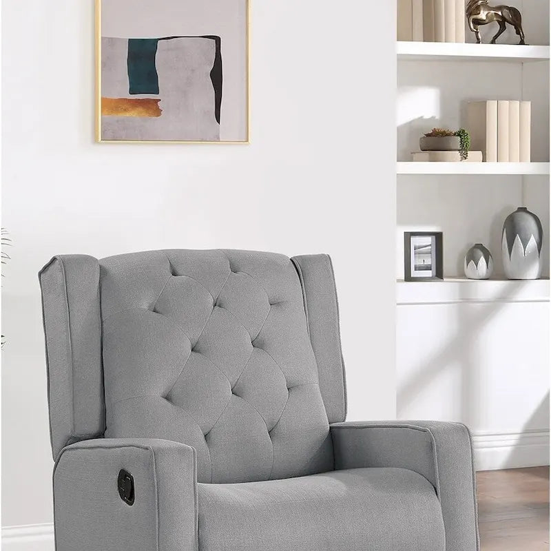 Fauteuil inclinable pivotant contemporain en polyfibre 1 pièce, mouvement manuel, dossier à oreilles, coussin capitonné, mobilier de salon, fauteuil à bascule