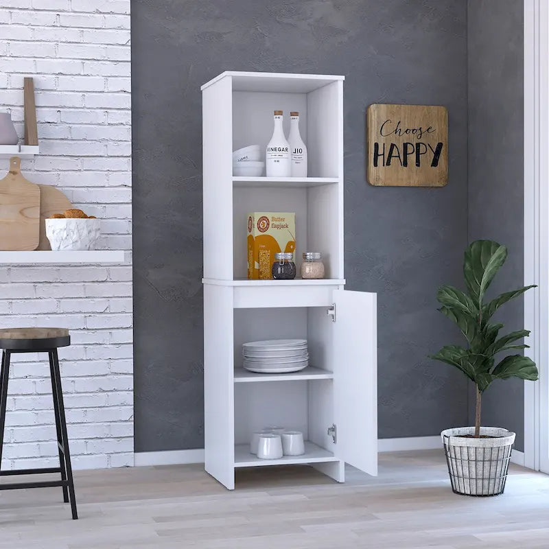Kitchen Pantry, Single Door Cabinet, Interior and External Shelves, White Finish