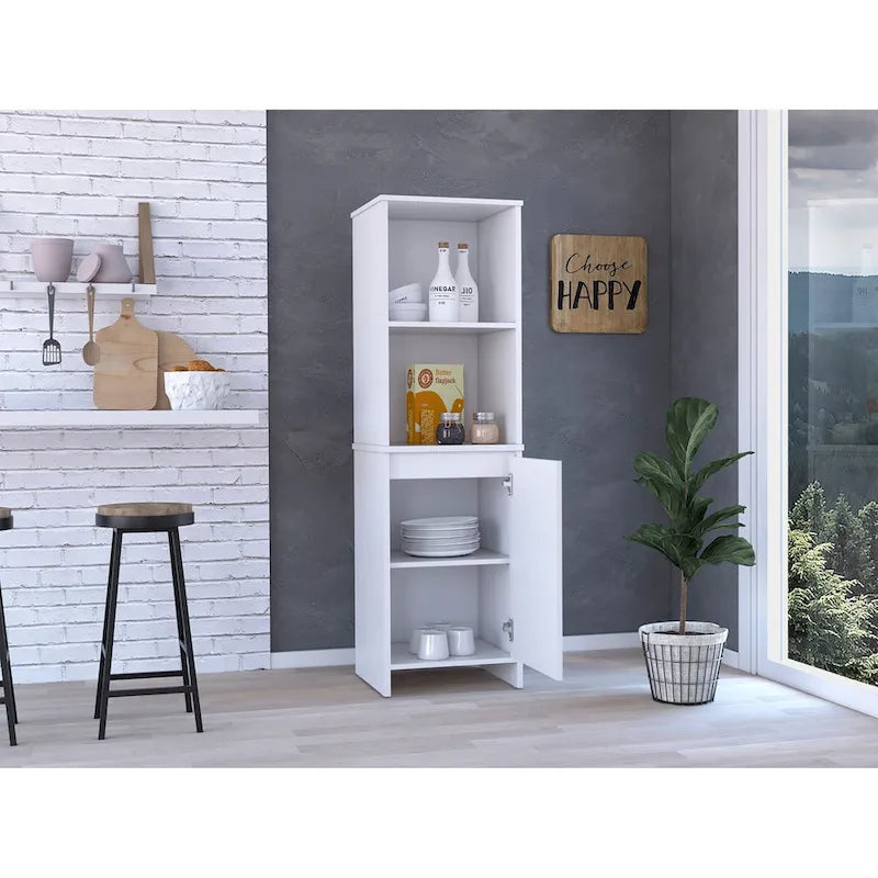 Kitchen Pantry, Single Door Cabinet, Interior and External Shelves, White Finish