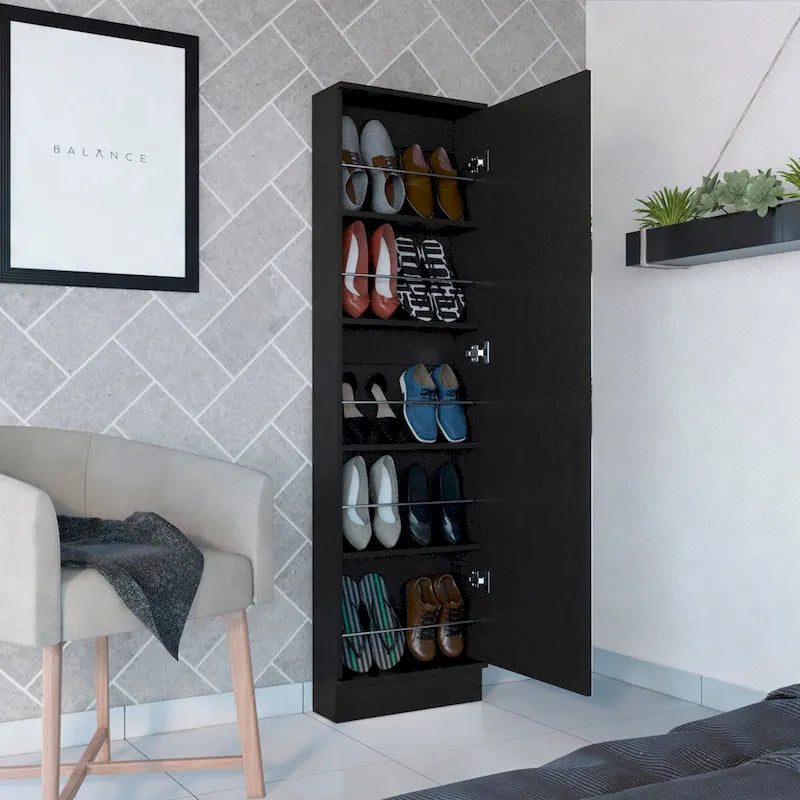 Meuble à chaussures Chimg, Miroir, Cinq étagères intérieures, Armoire à une porte, Finition blanche