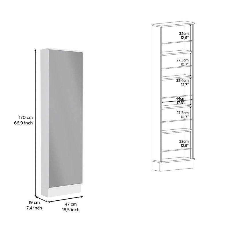 Meuble à chaussures Chimg, Miroir, Cinq étagères intérieures, Armoire à une porte, Finition blanche
