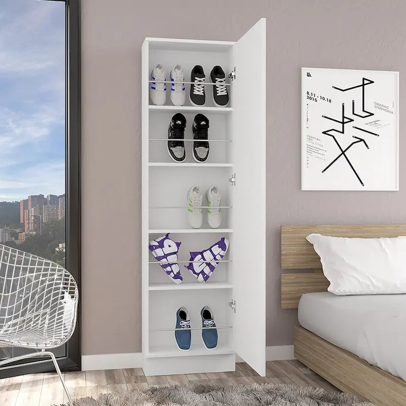 Meuble à chaussures Chimg, Miroir, Cinq étagères intérieures, Armoire à une porte, Finition blanche
