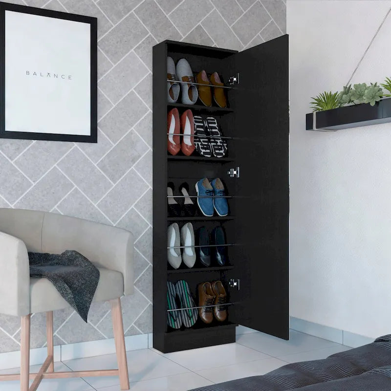 Meuble à chaussures Chimg, Miroir, Cinq étagères intérieures, Armoire à une porte, Finition blanche