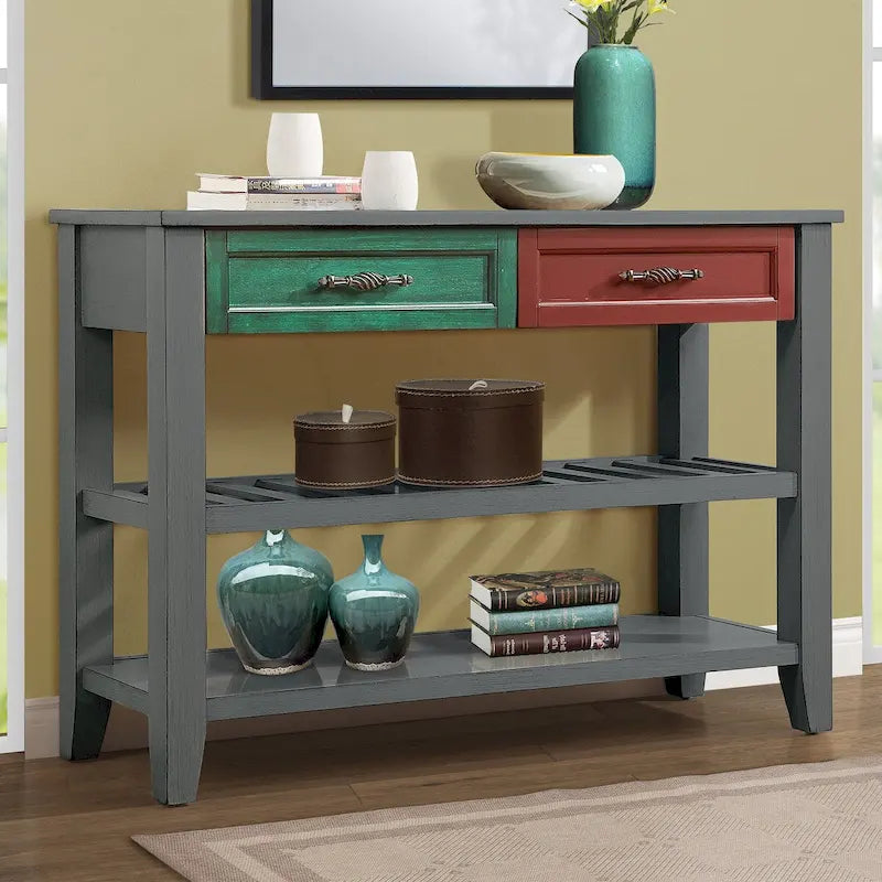 Table console de canapé avec 2 tiroirs de rangement et 2 étagères à niveaux, buffet en bois de 42 pouces pour salon, cuisine, entrée, couloir