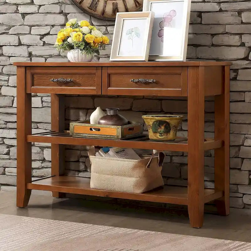 Table console de canapé avec 2 tiroirs de rangement et 2 étagères à niveaux, buffet en bois de 42 pouces pour salon, cuisine, entrée, couloir
